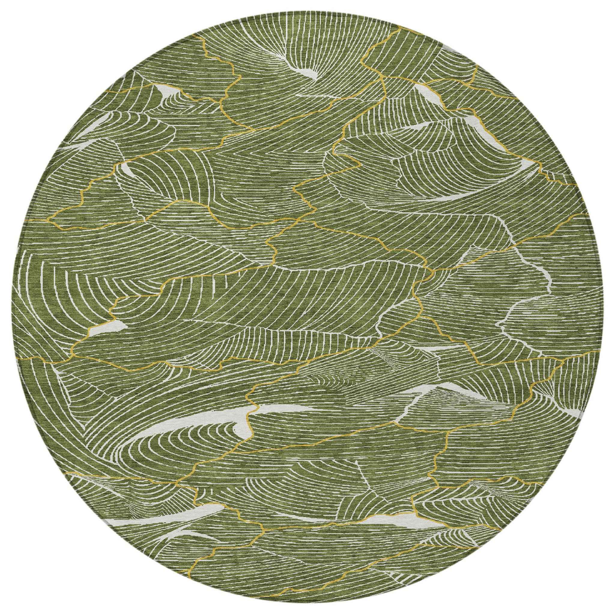 8' Olive Green Gold And Ivory Round Abstract Washable Indoor Outdoor Area Rug