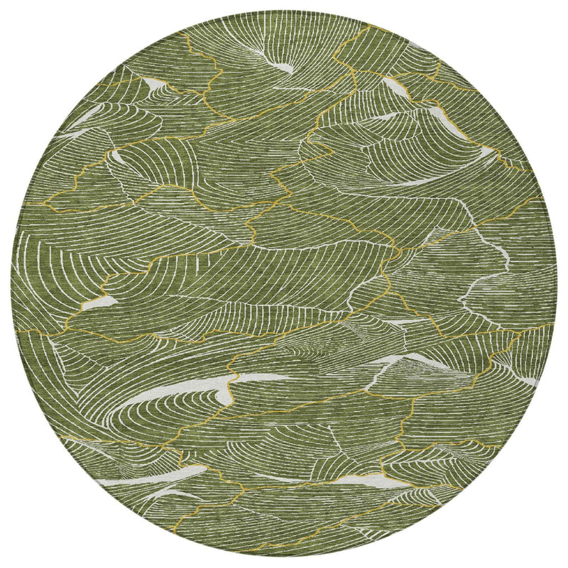 8' Olive Green Gold And Ivory Round Abstract Washable Indoor Outdoor Area Rug