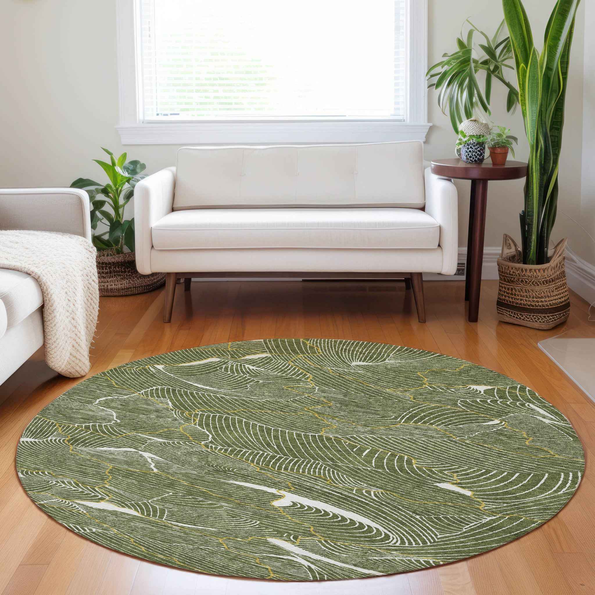 8' Olive Green Gold And Ivory Round Abstract Washable Indoor Outdoor Area Rug