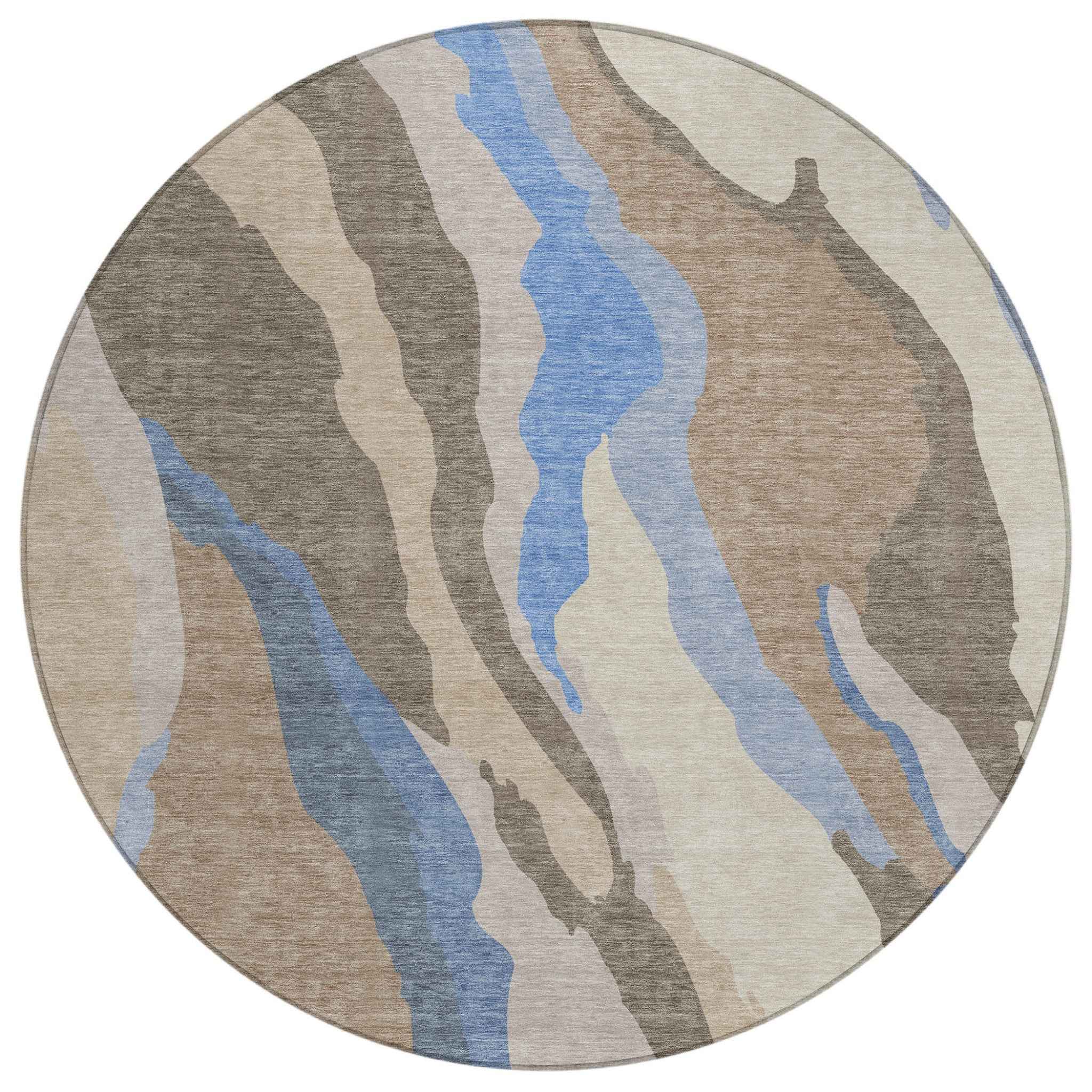 8' Taupe Tan And Blue Round Abstract Washable Indoor Outdoor Area Rug