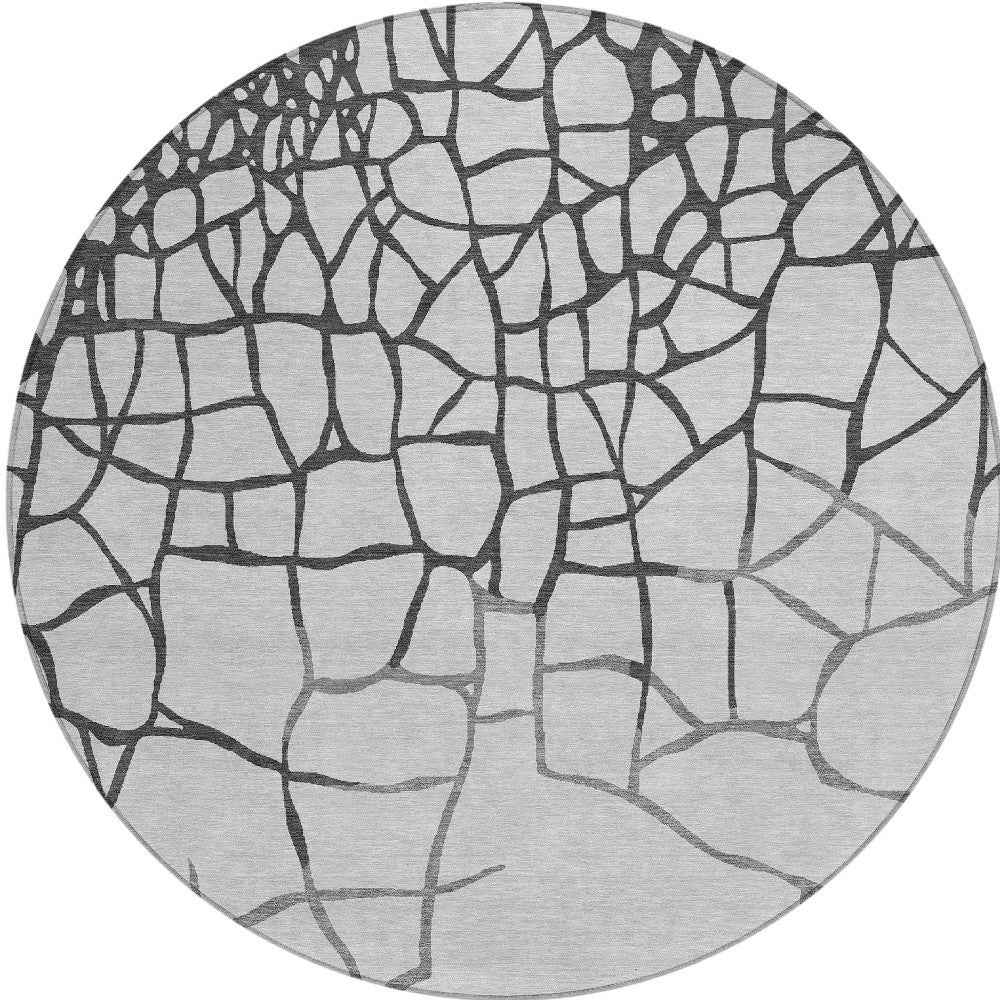 8' Gray And Charcoal Round Abstract Washable Indoor Outdoor Area Rug