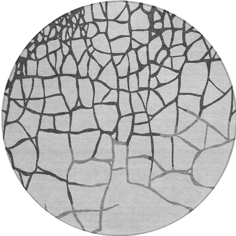 8' Gray And Charcoal Round Abstract Washable Indoor Outdoor Area Rug