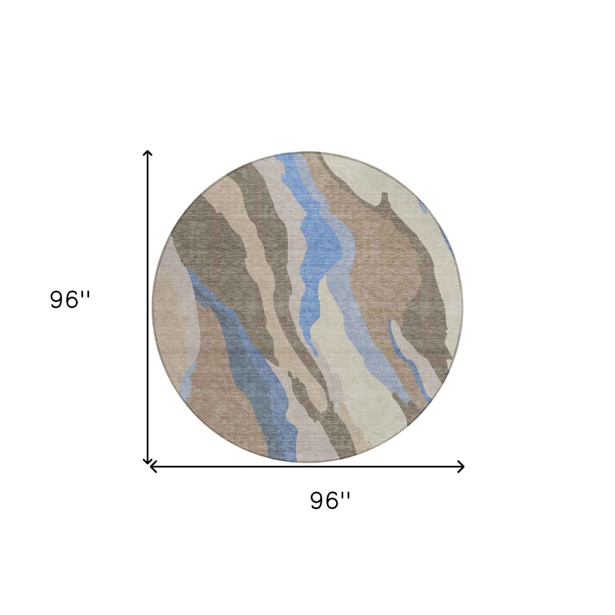 8' Taupe Tan And Blue Round Abstract Washable Indoor Outdoor Area Rug