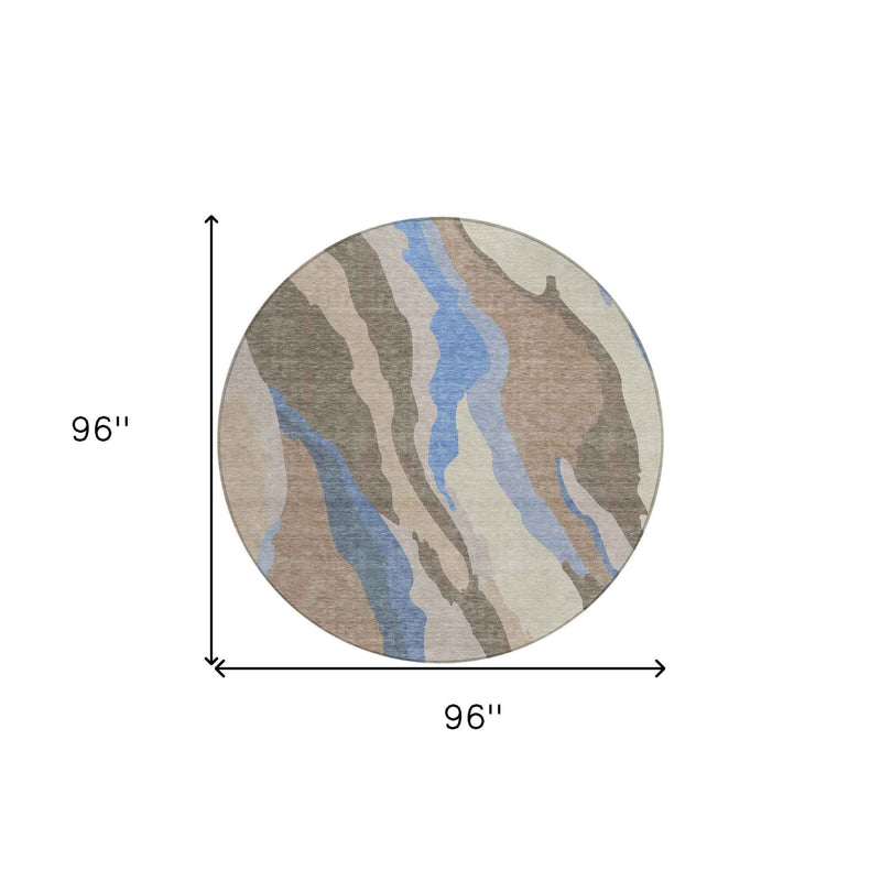 8' Taupe Tan And Blue Round Abstract Washable Indoor Outdoor Area Rug