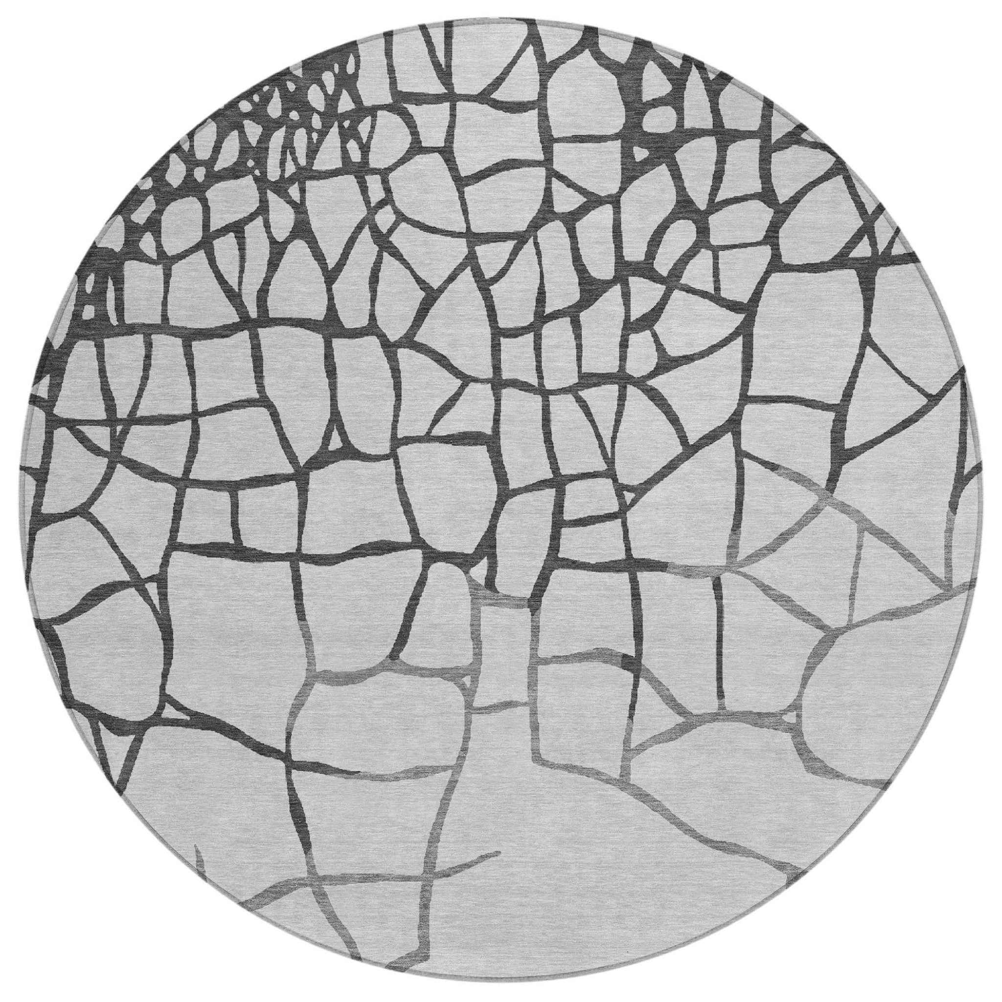 8' Gray And Charcoal Round Abstract Washable Indoor Outdoor Area Rug