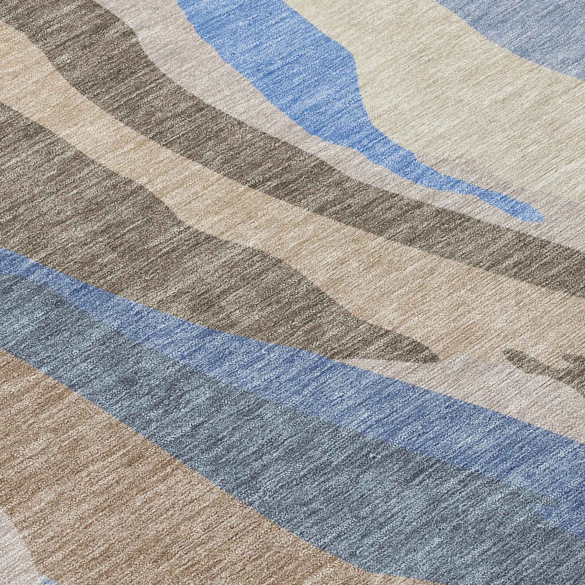 8' Taupe Tan And Blue Round Abstract Washable Indoor Outdoor Area Rug
