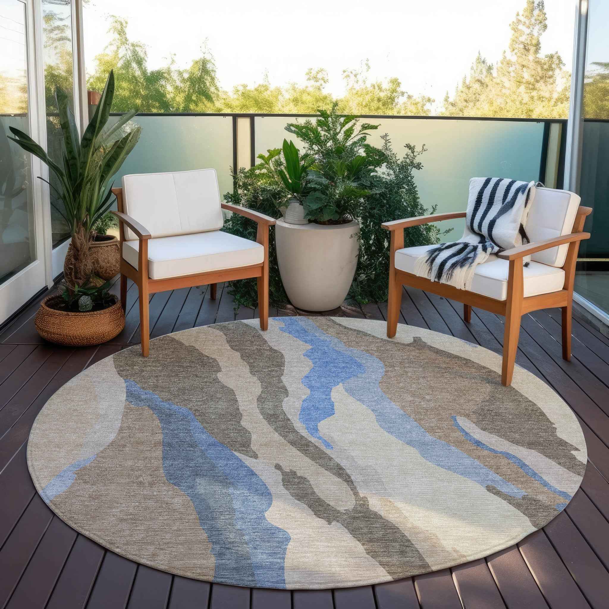 8' Taupe Tan And Blue Round Abstract Washable Indoor Outdoor Area Rug