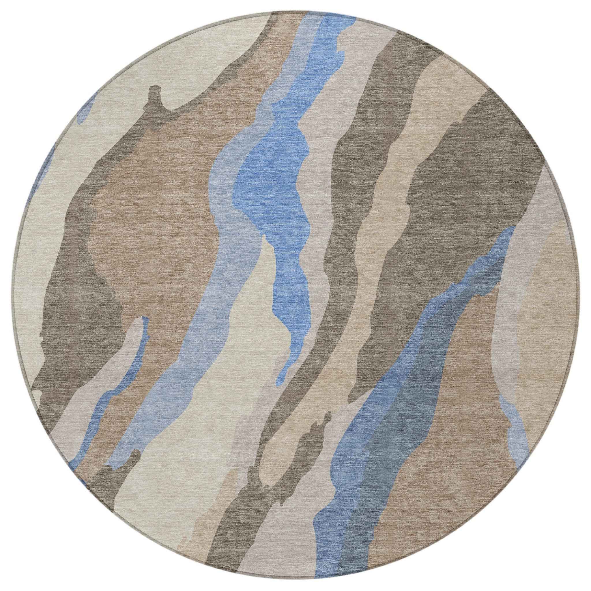 8' Taupe Tan And Blue Round Abstract Washable Indoor Outdoor Area Rug