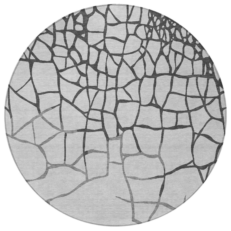 8' Gray And Charcoal Round Abstract Washable Indoor Outdoor Area Rug