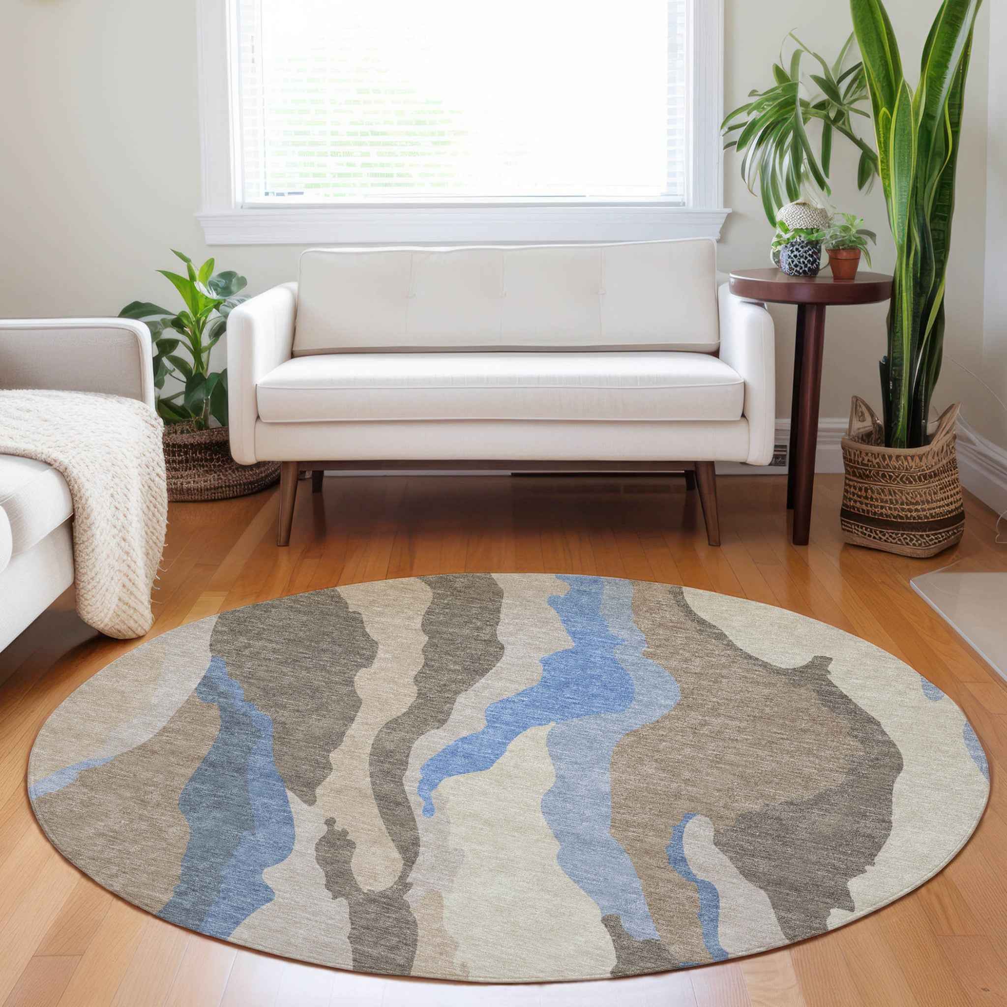 8' Taupe Tan And Blue Round Abstract Washable Indoor Outdoor Area Rug