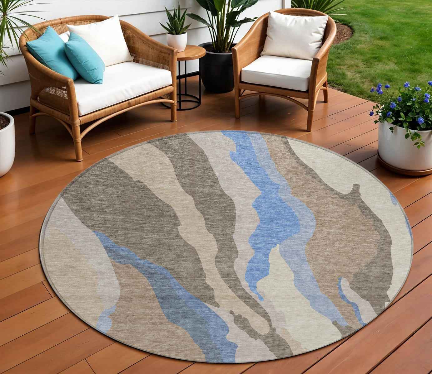8' Taupe Tan And Blue Round Abstract Washable Indoor Outdoor Area Rug