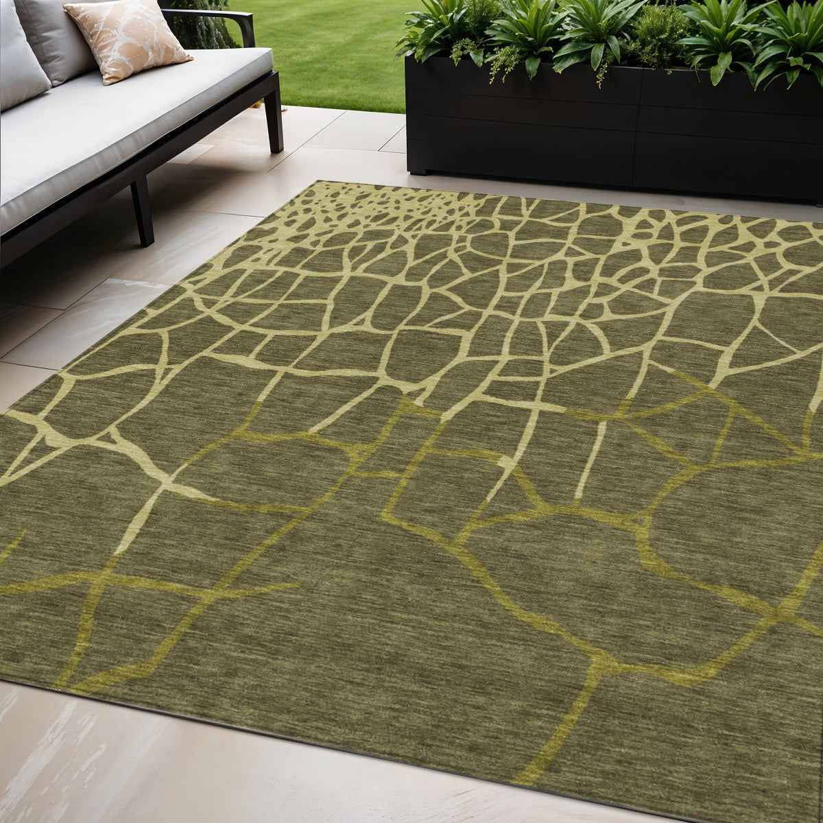 5' X 8' Olive Green And Dark Green Abstract Washable Indoor Outdoor Area Rug