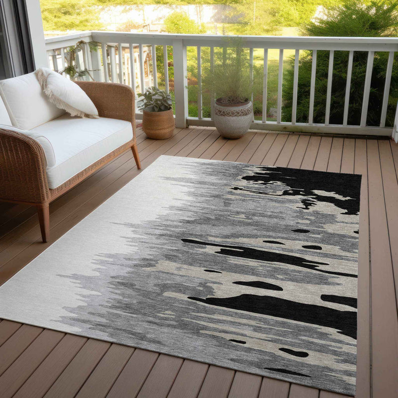 8' X 10' Black Gray And Ivory Abstract Washable Indoor Outdoor Area Rug