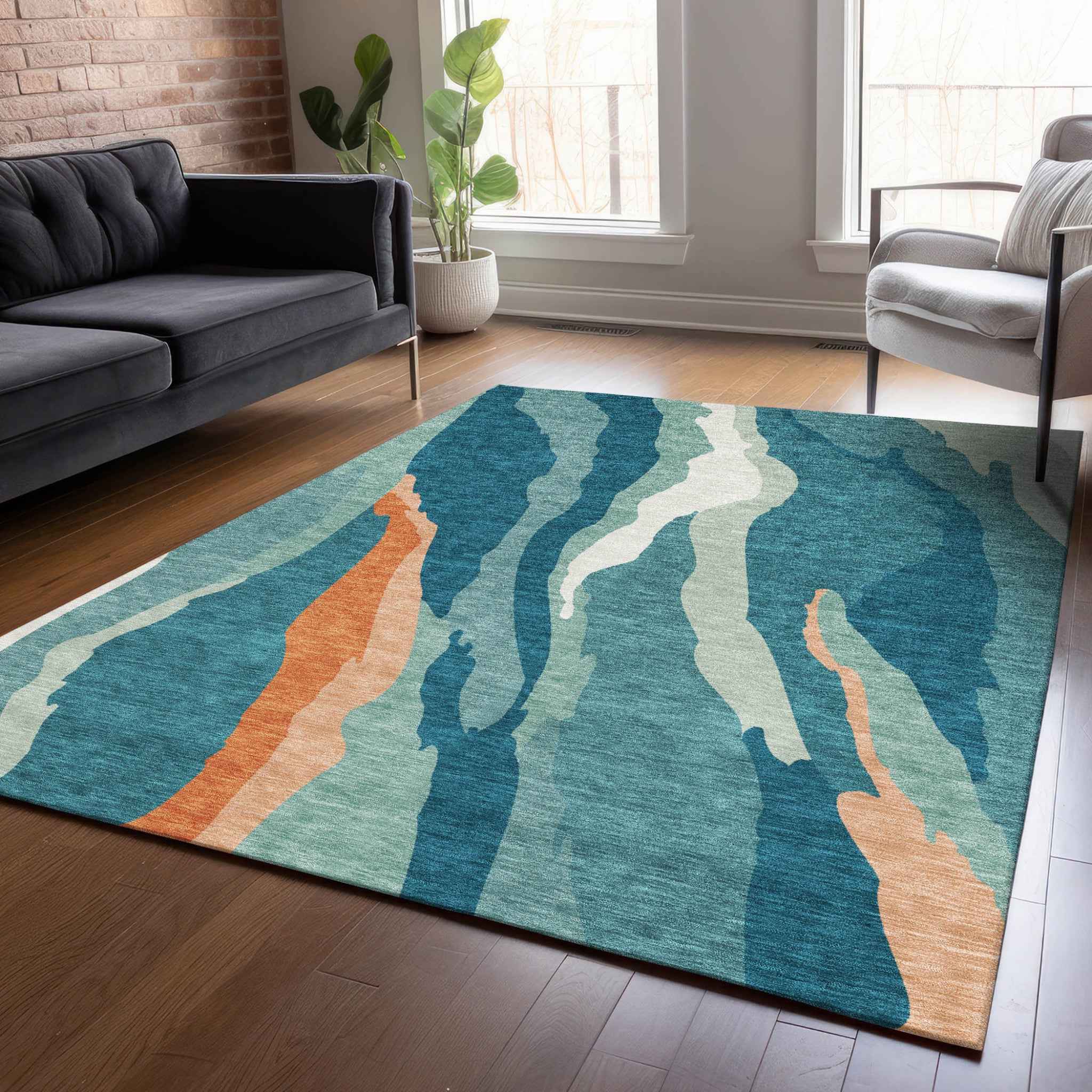 3' X 5' Teal Blue Copper And Ivory Abstract Washable Indoor Outdoor Area Rug