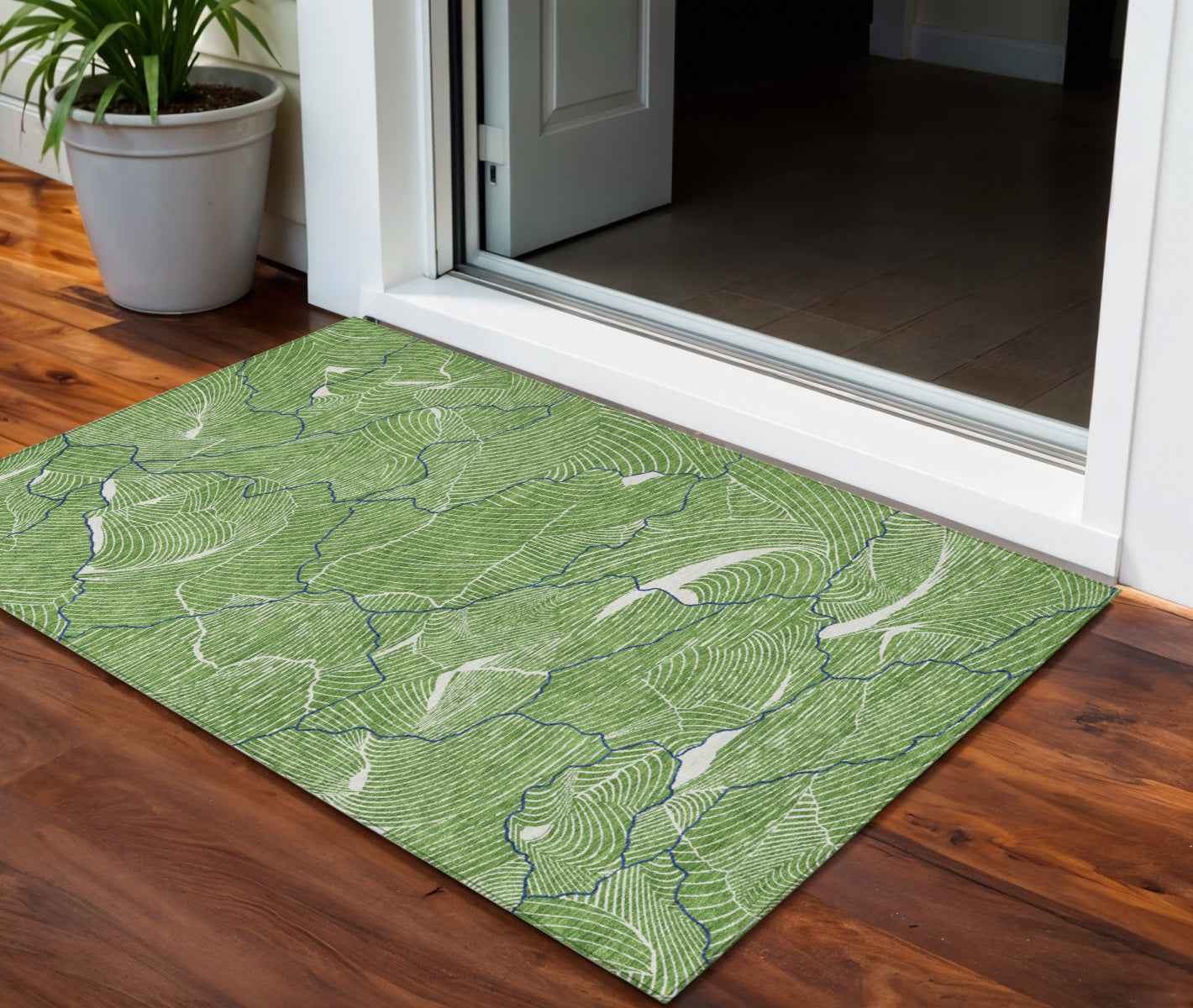 3' X 5' Green Blue And Ivory Abstract Washable Indoor Outdoor Area Rug