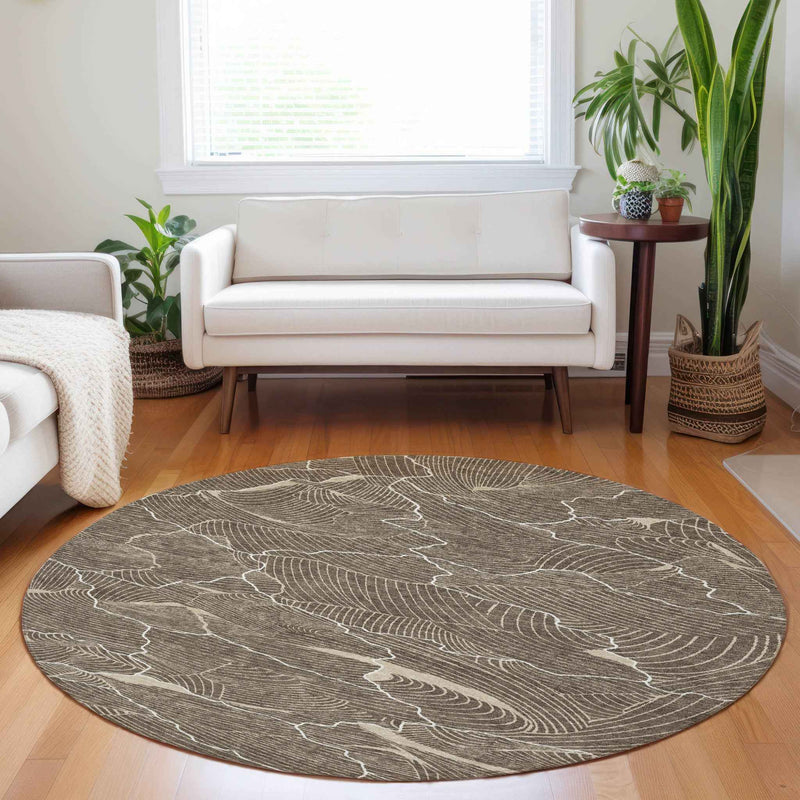 8' Brown And Ivory Round Abstract Washable Indoor Outdoor Area Rug