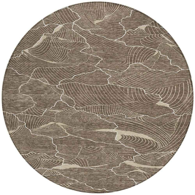 8' Brown And Ivory Round Abstract Washable Indoor Outdoor Area Rug