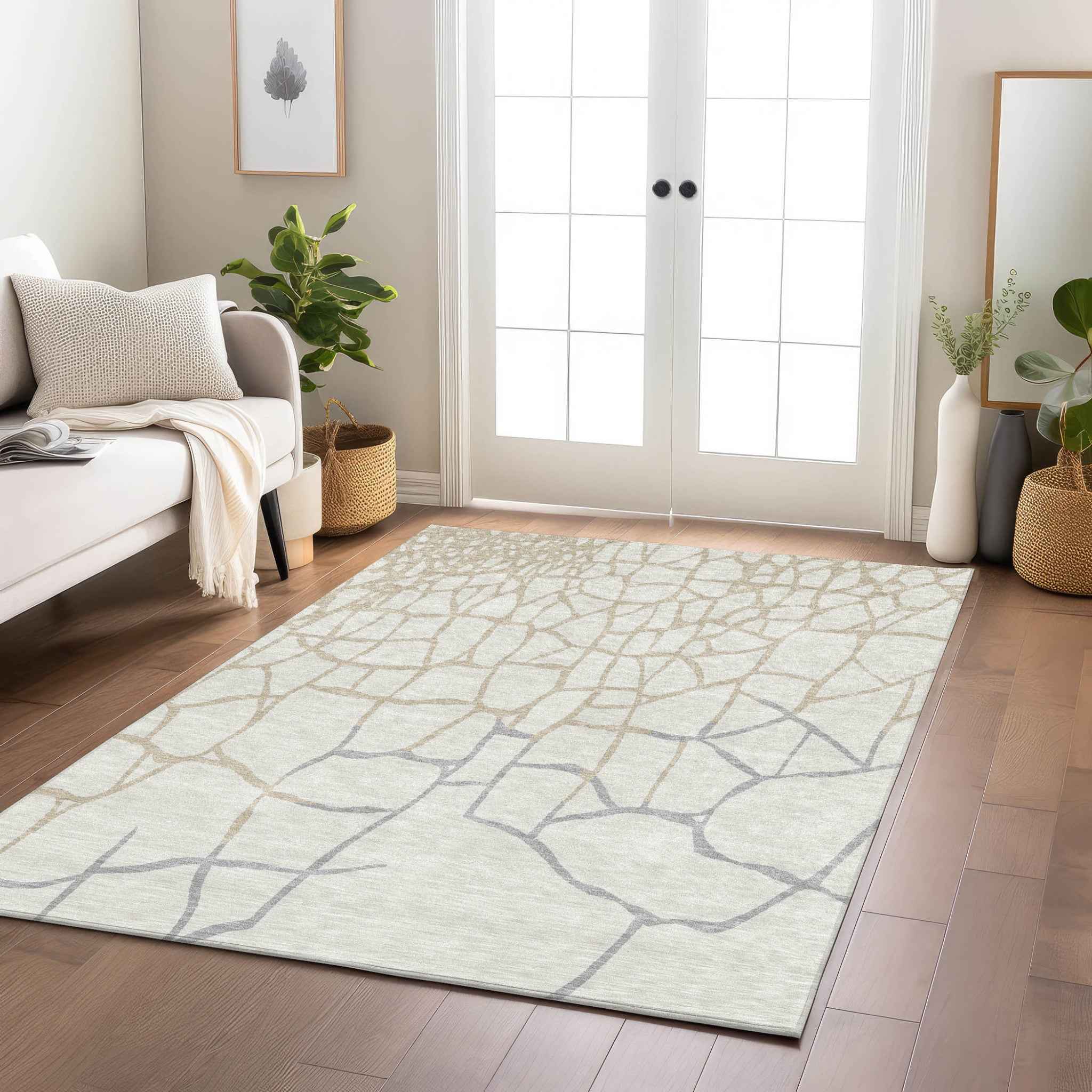 5' X 8' Ivory And Beige Abstract Washable Indoor Outdoor Area Rug