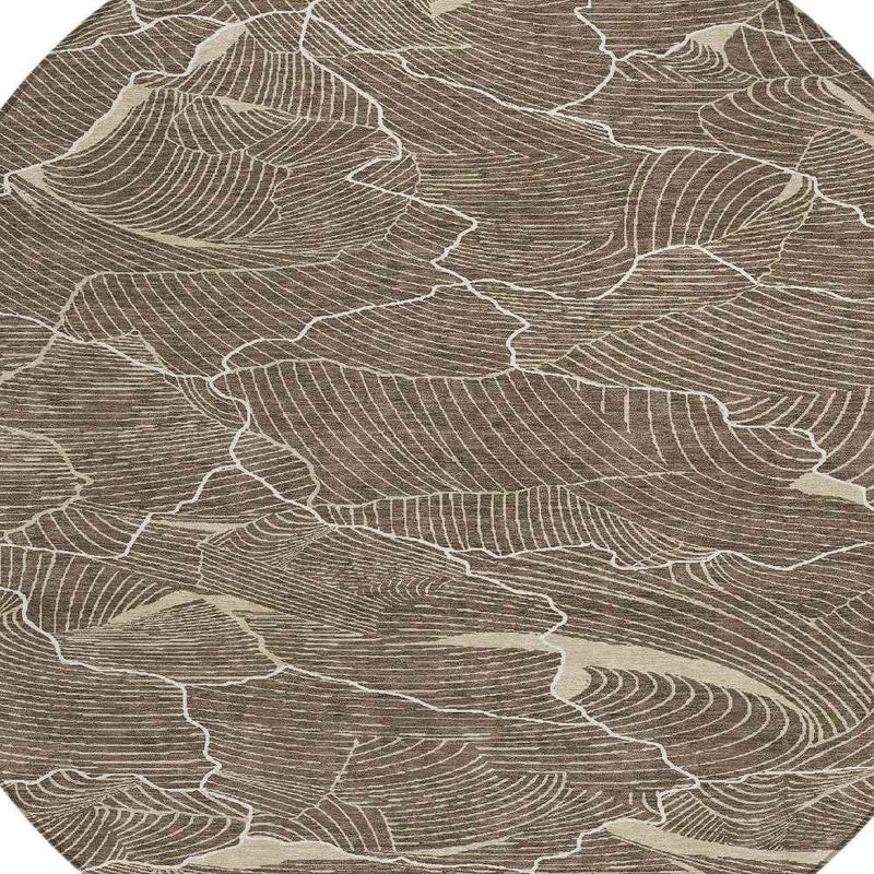 8' Brown And Ivory Round Abstract Washable Indoor Outdoor Area Rug