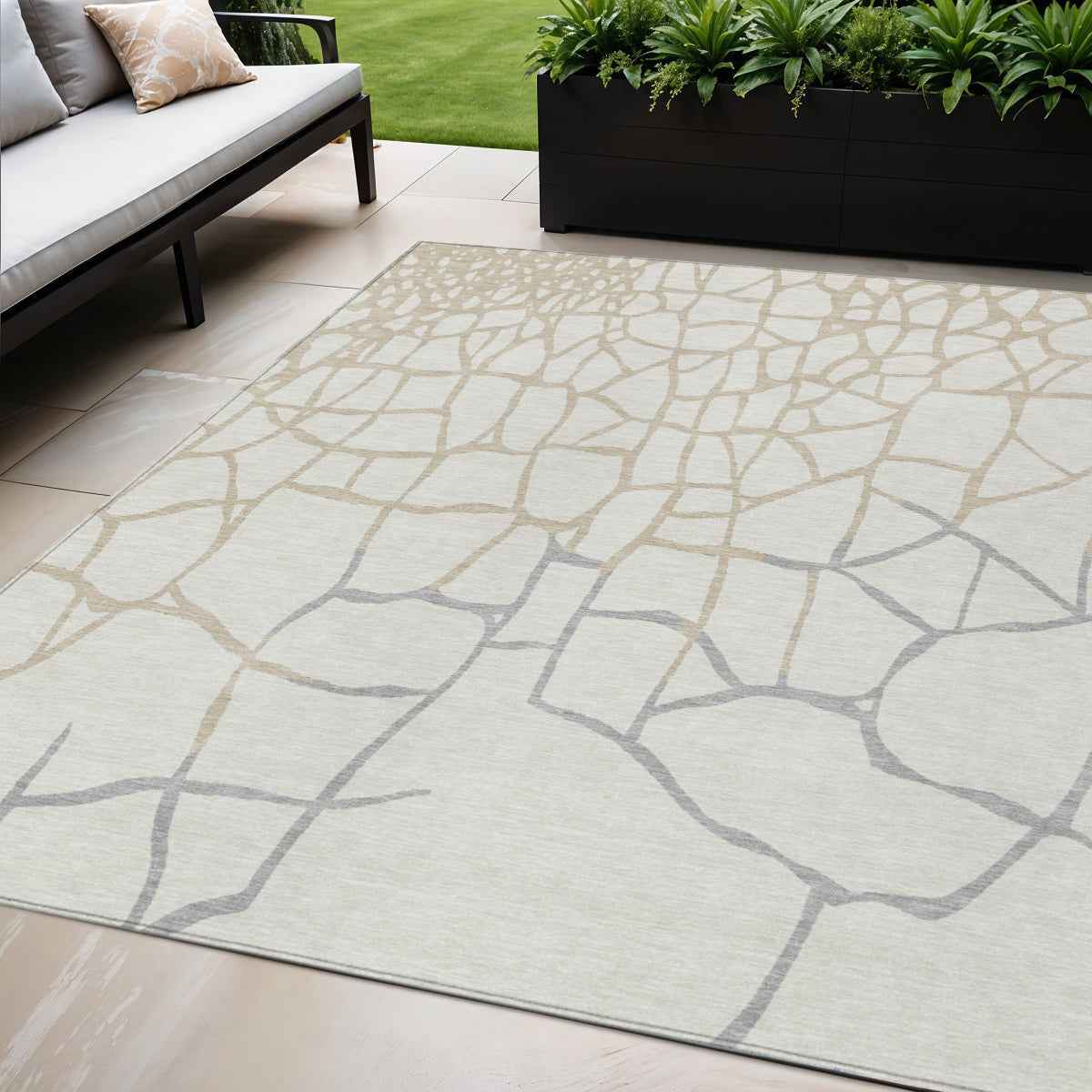 5' X 8' Ivory And Beige Abstract Washable Indoor Outdoor Area Rug
