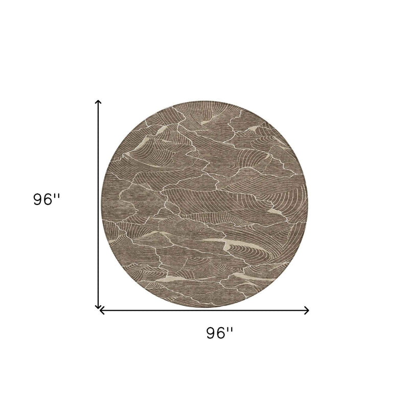 8' Brown And Ivory Round Abstract Washable Indoor Outdoor Area Rug
