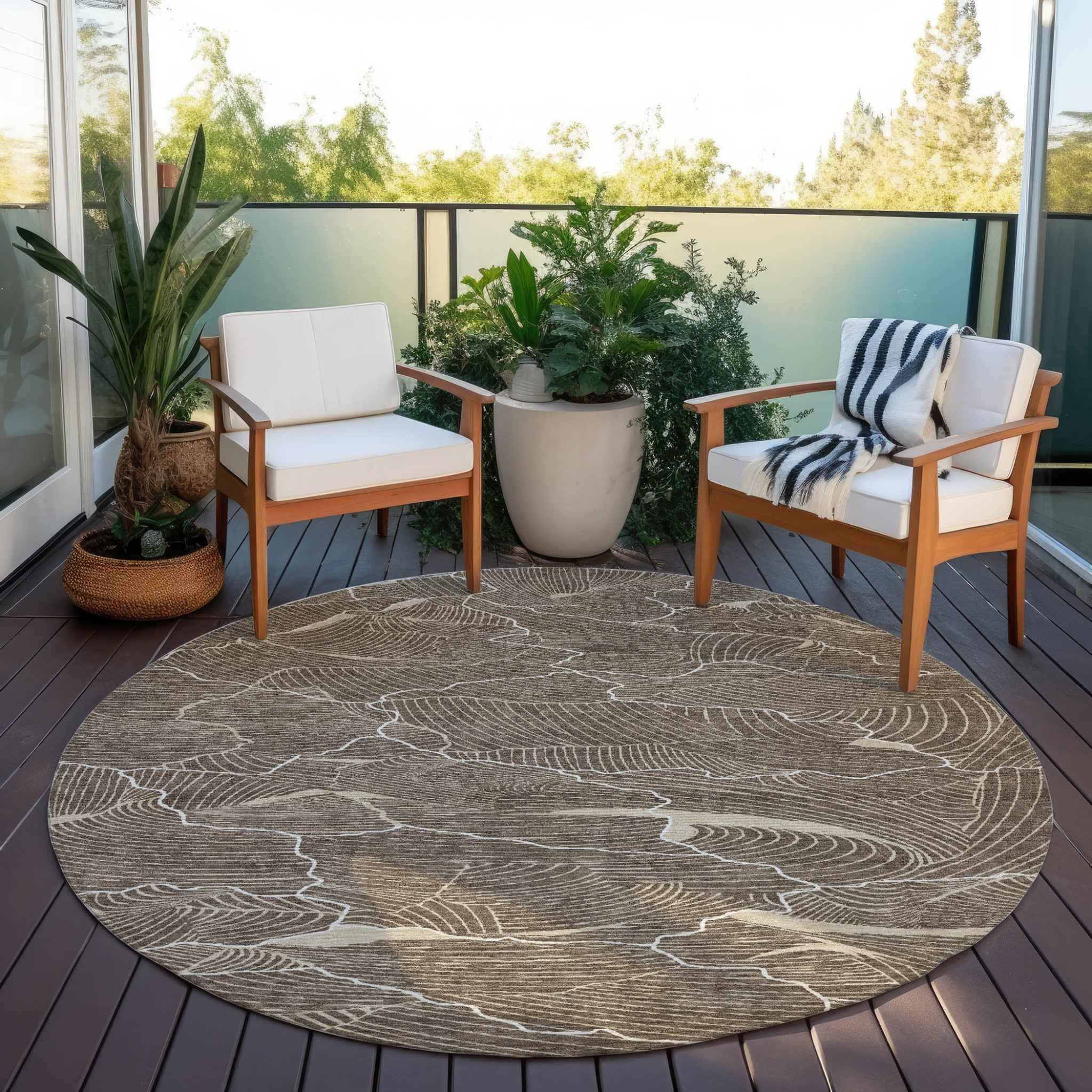 8' Brown And Ivory Round Abstract Washable Indoor Outdoor Area Rug