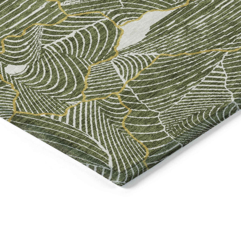5' X 8' Olive Green Gold And Ivory Abstract Washable Indoor Outdoor Area Rug