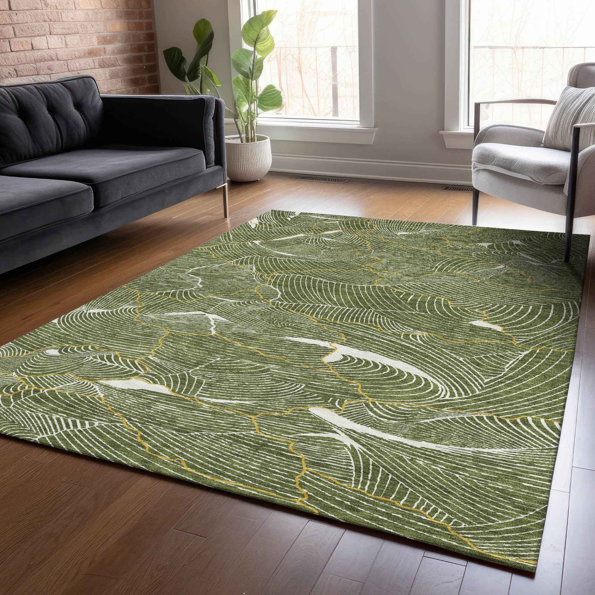 5' X 8' Olive Green Gold And Ivory Abstract Washable Indoor Outdoor Area Rug