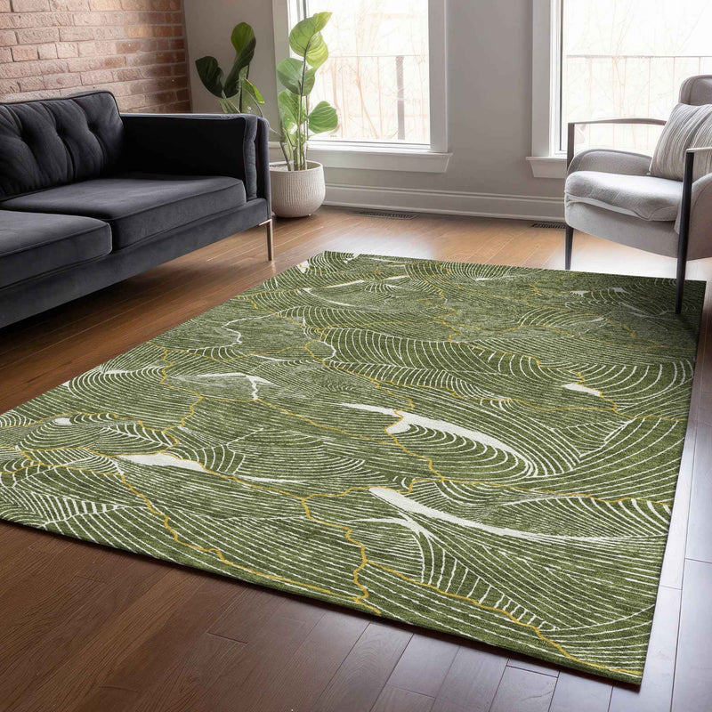 5' X 8' Olive Green Gold And Ivory Abstract Washable Indoor Outdoor Area Rug