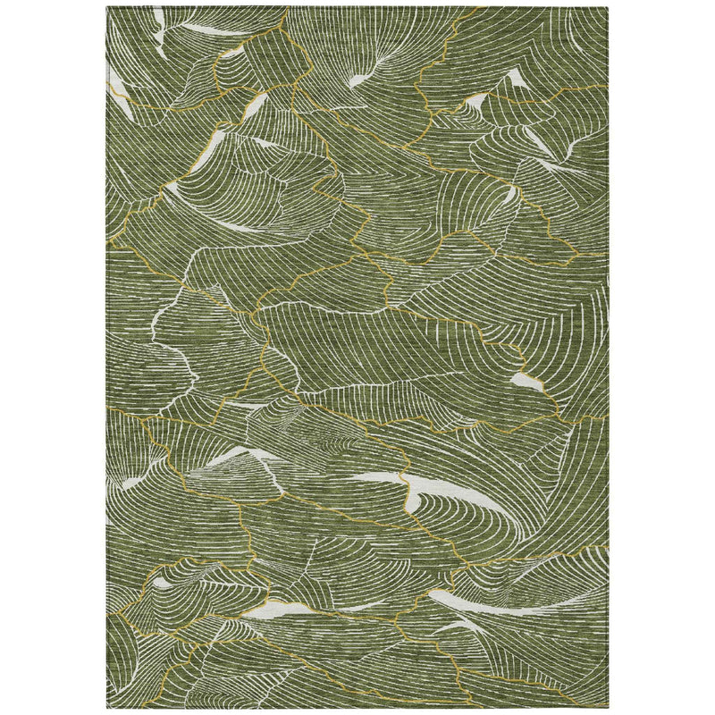 5' X 8' Olive Green Gold And Ivory Abstract Washable Indoor Outdoor Area Rug