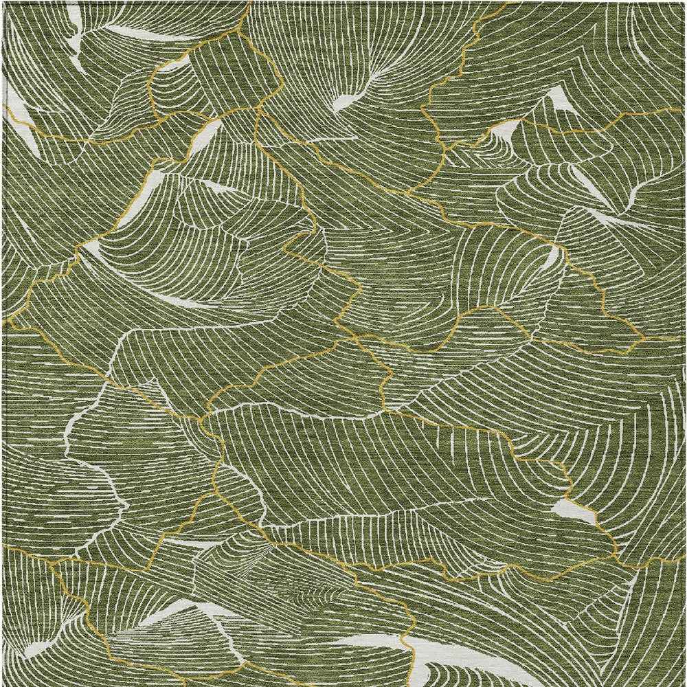 5' X 8' Olive Green Gold And Ivory Abstract Washable Indoor Outdoor Area Rug