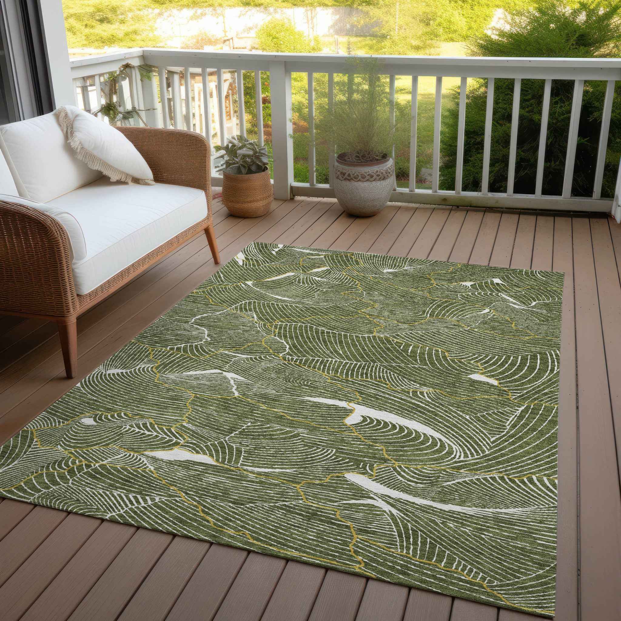5' X 8' Olive Green Gold And Ivory Abstract Washable Indoor Outdoor Area Rug