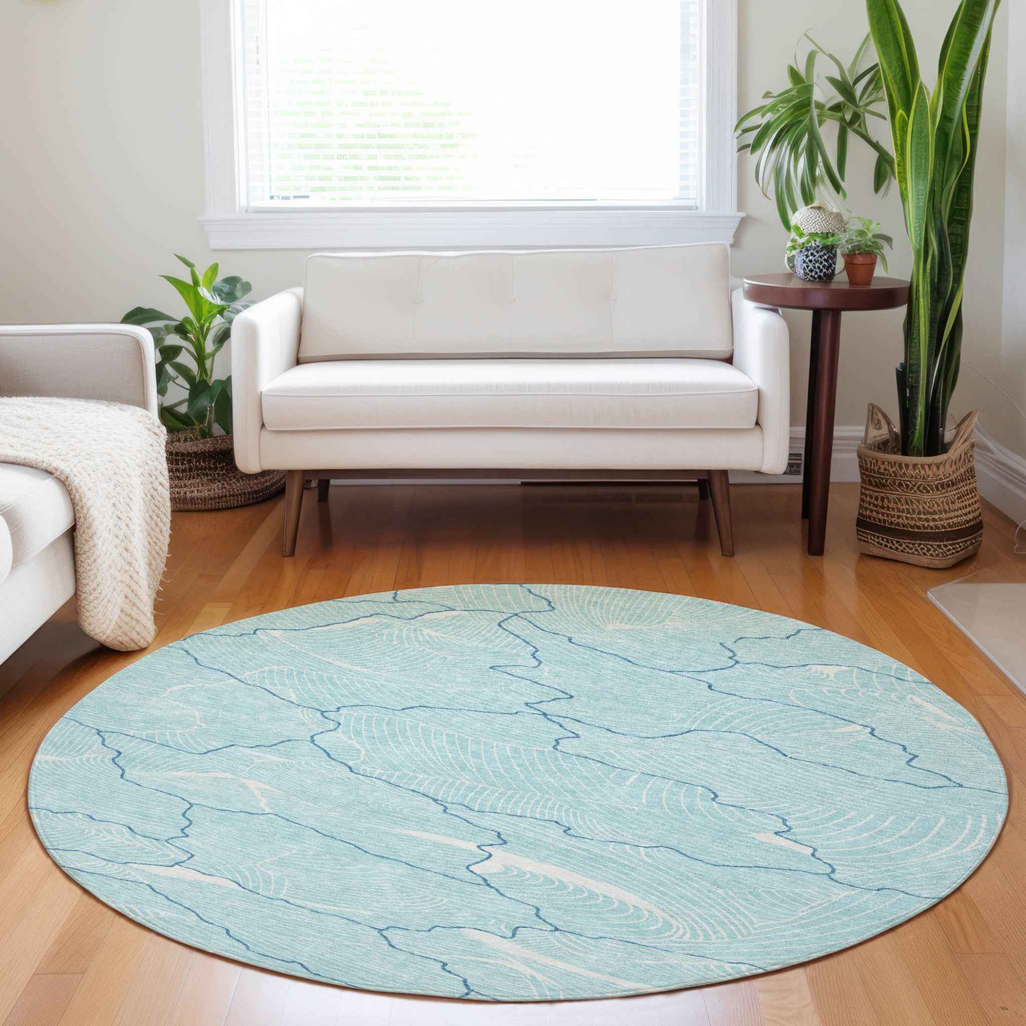 8' Aqua And Ivory Round Abstract Washable Indoor Outdoor Area Rug