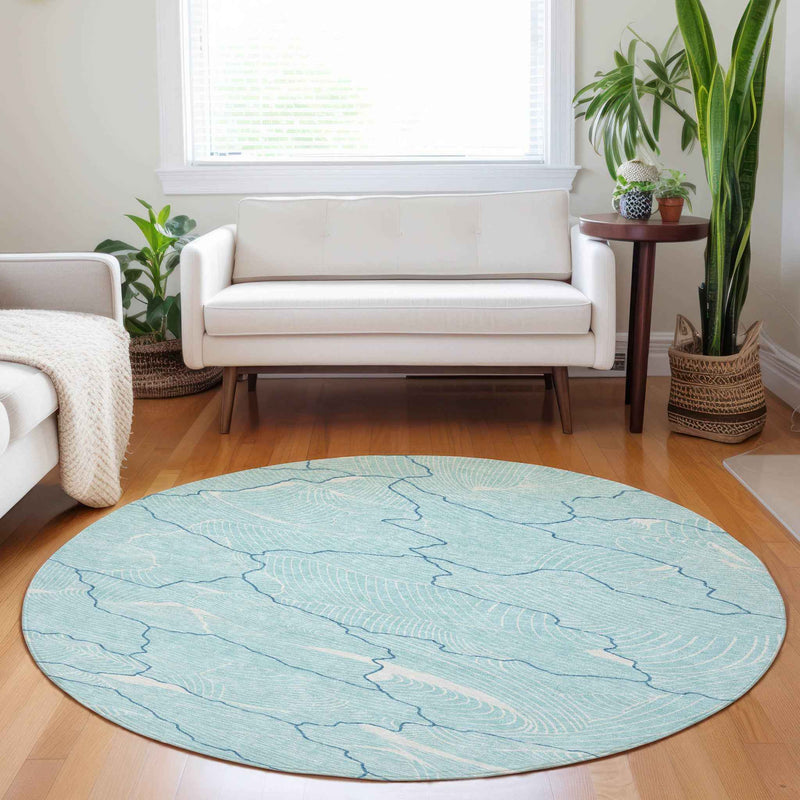 8' Aqua And Ivory Round Abstract Washable Indoor Outdoor Area Rug