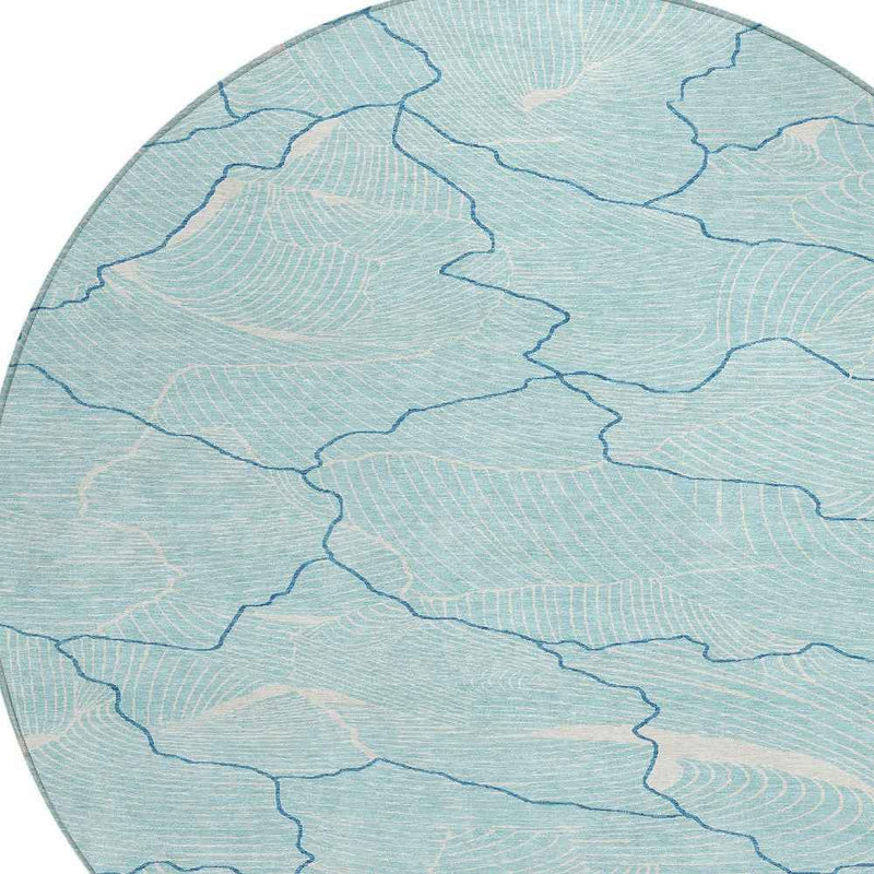 8' Aqua And Ivory Round Abstract Washable Indoor Outdoor Area Rug