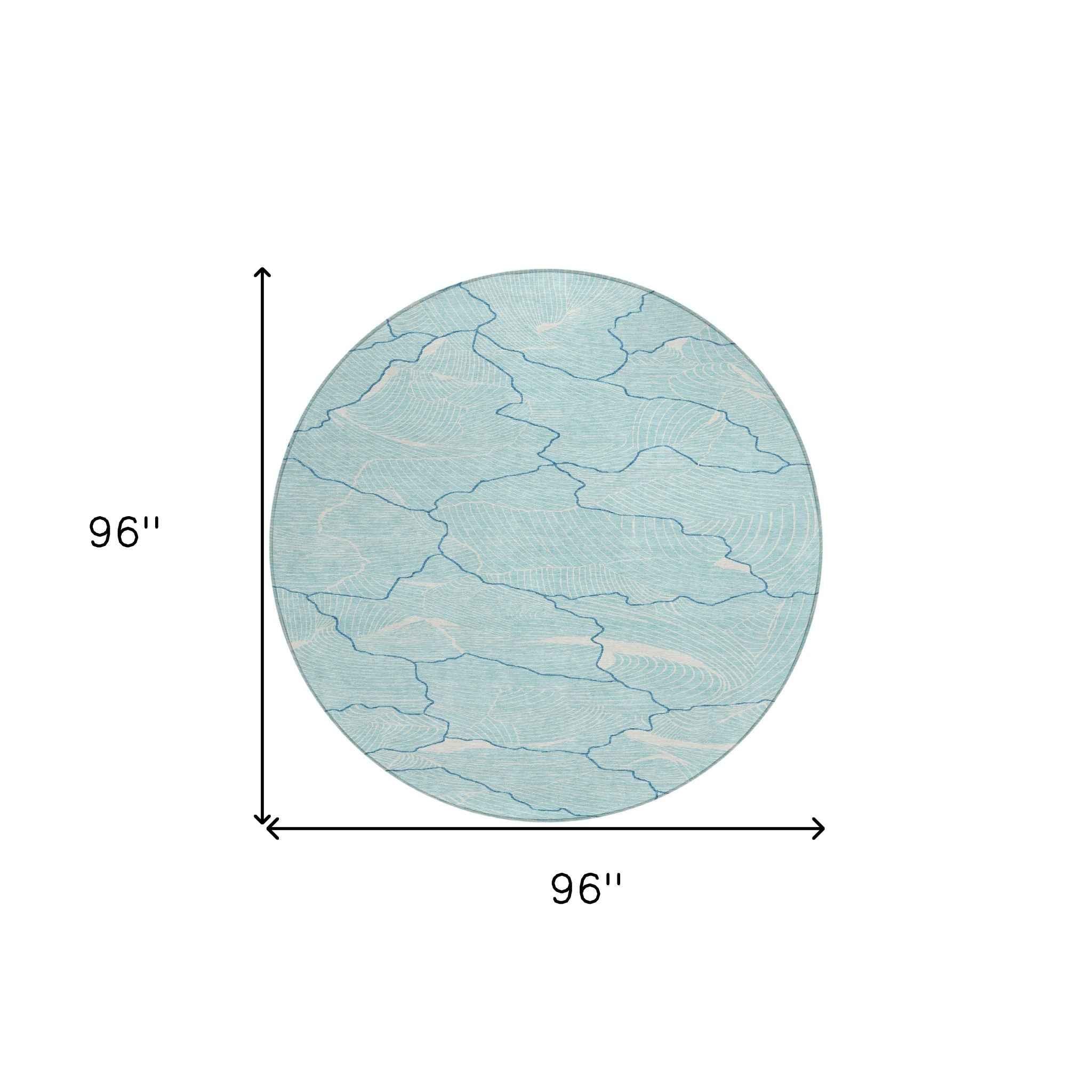 8' Aqua And Ivory Round Abstract Washable Indoor Outdoor Area Rug