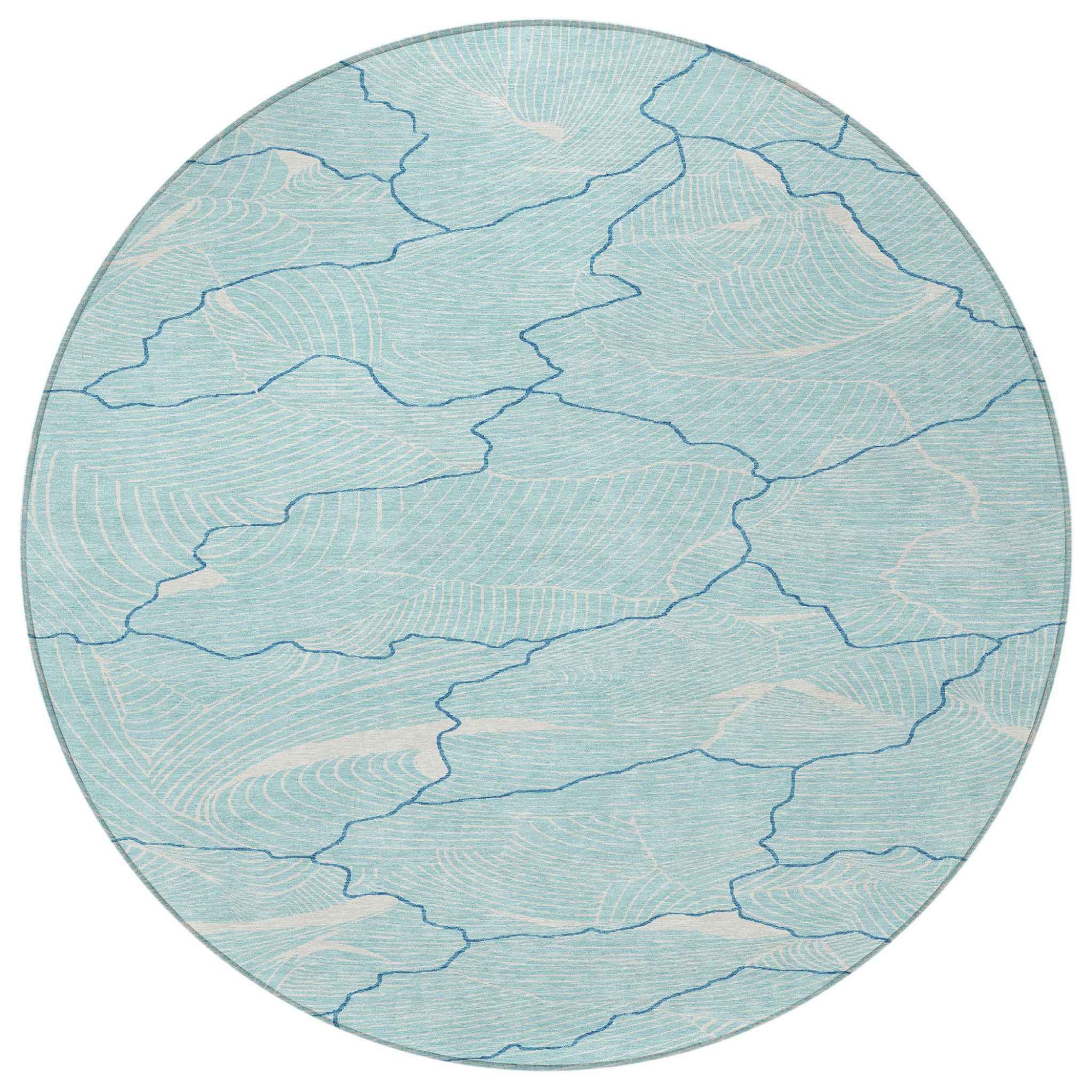 8' Aqua And Ivory Round Abstract Washable Indoor Outdoor Area Rug
