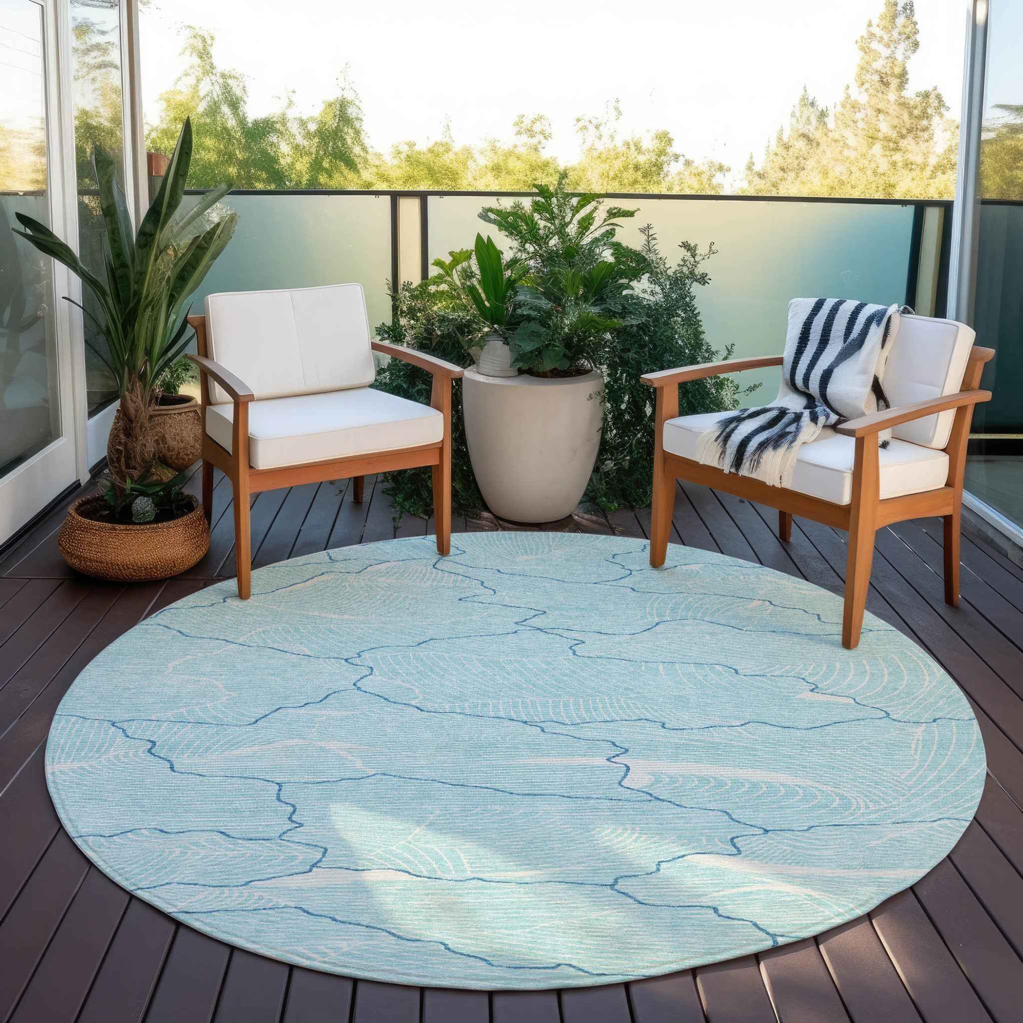8' Aqua And Ivory Round Abstract Washable Indoor Outdoor Area Rug
