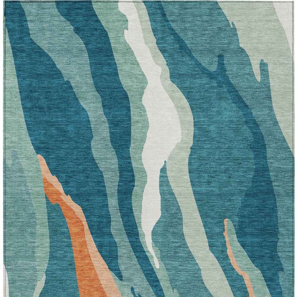 9' X 12' Teal Blue Copper And Ivory Abstract Washable Indoor Outdoor Area Rug