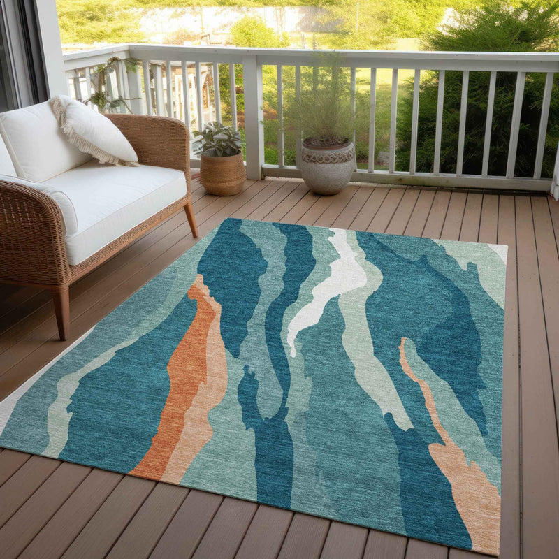 9' X 12' Teal Blue Copper And Ivory Abstract Washable Indoor Outdoor Area Rug