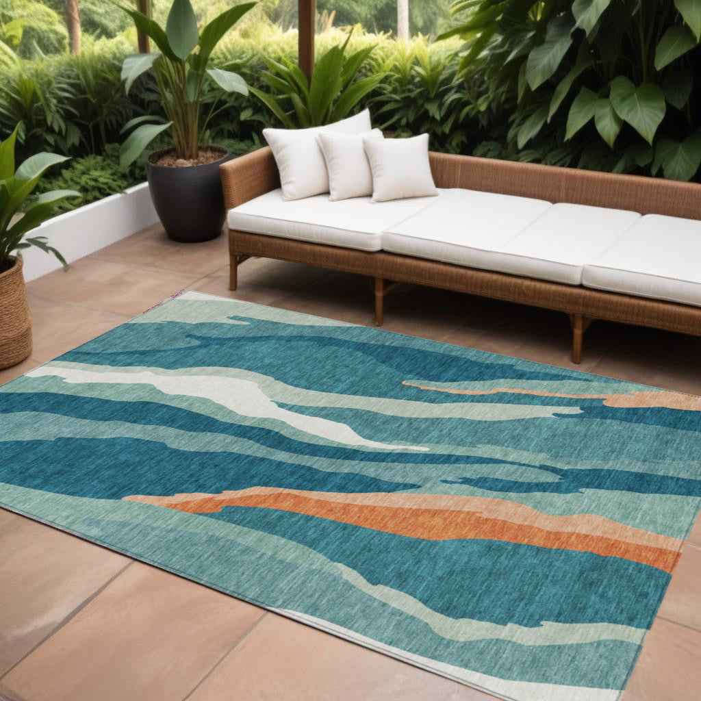 9' X 12' Teal Blue Copper And Ivory Abstract Washable Indoor Outdoor Area Rug