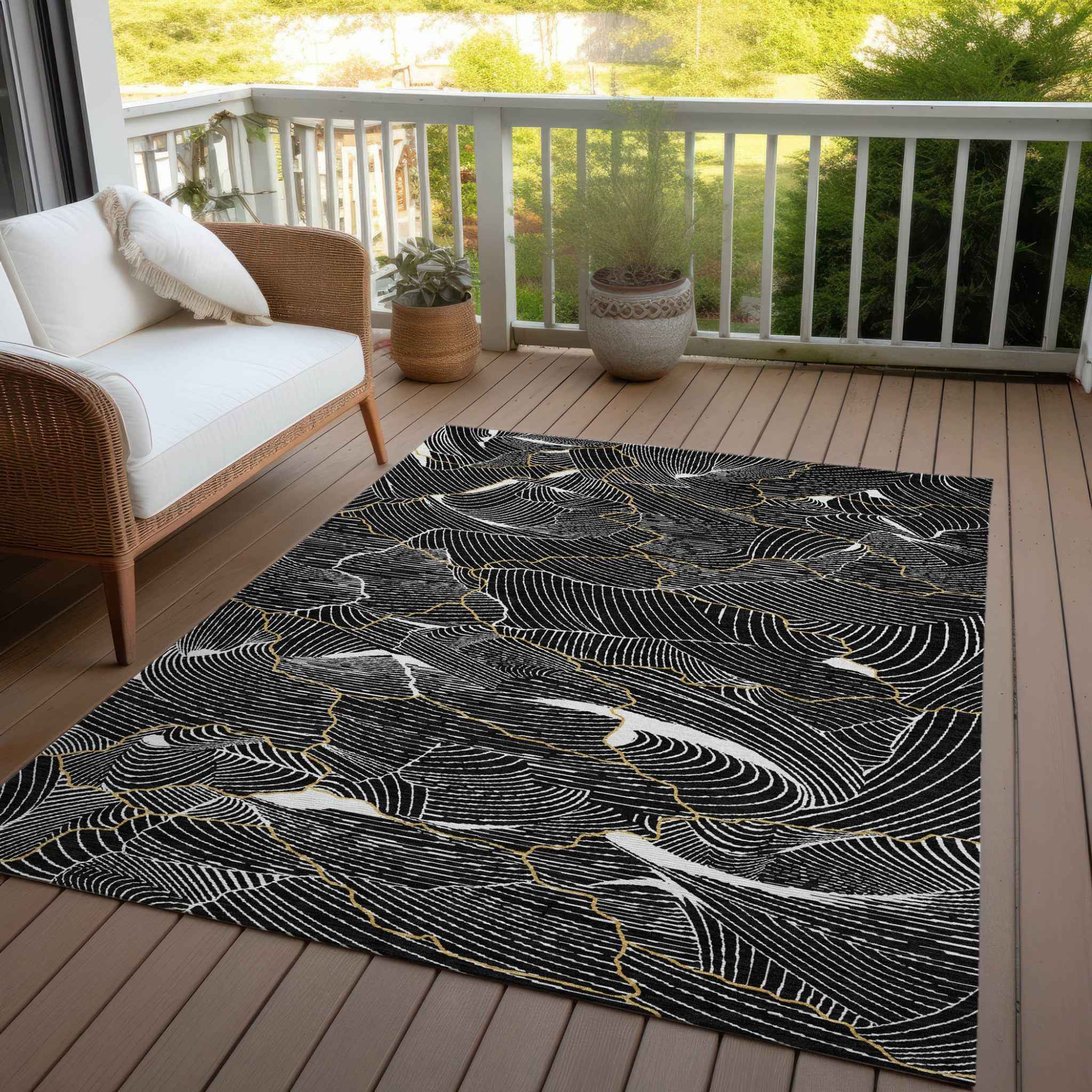 8' X 10' Black Ivory And Gold Abstract Washable Indoor Outdoor Area Rug