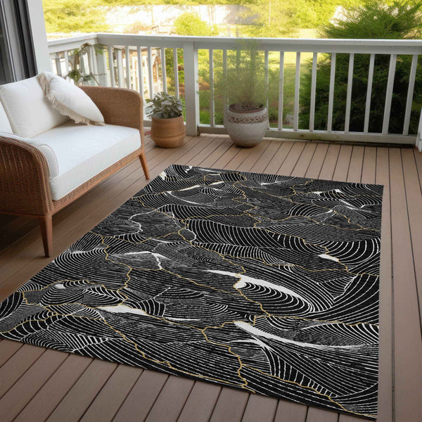 8' X 10' Black Ivory And Gold Abstract Washable Indoor Outdoor Area Rug