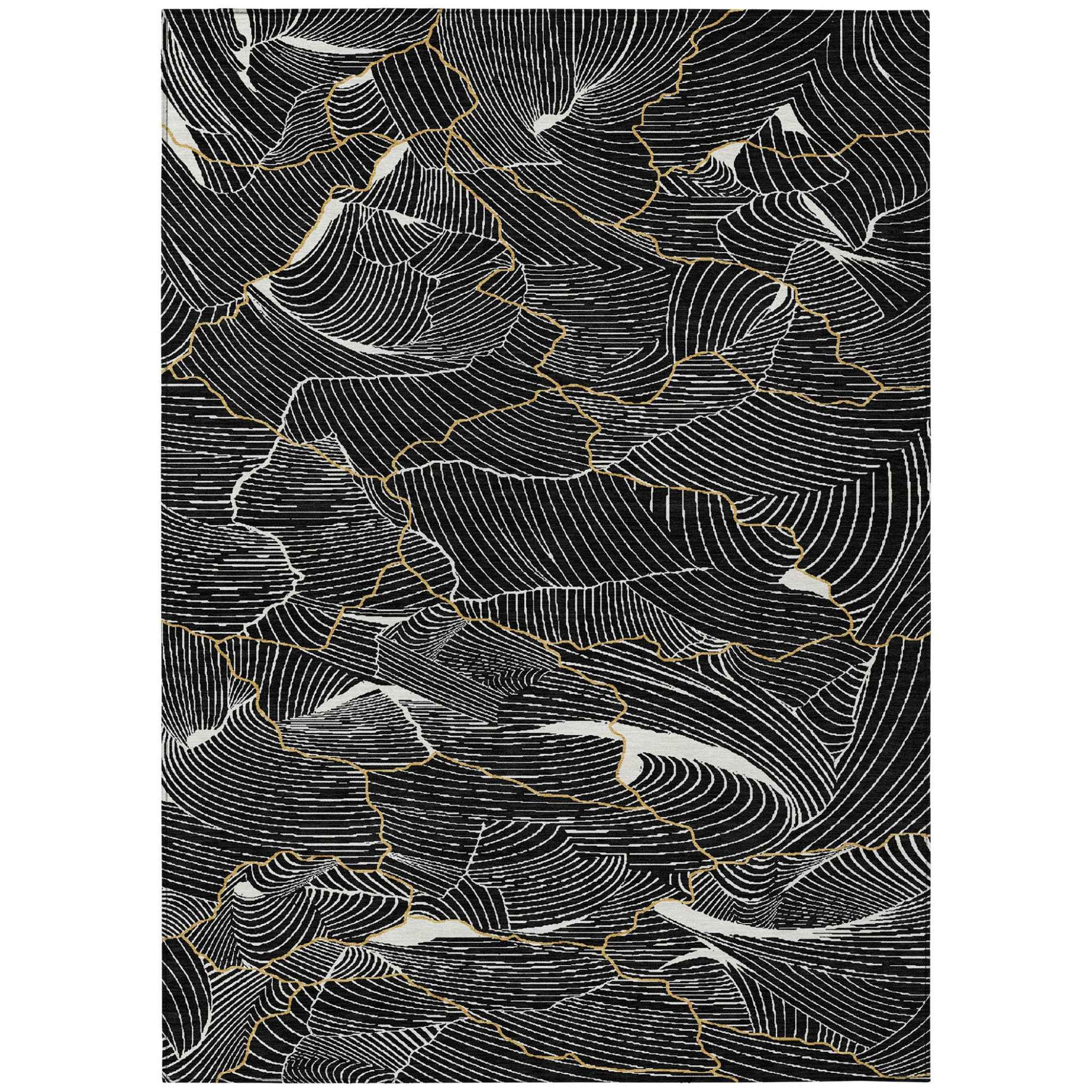 8' X 10' Black Ivory And Gold Abstract Washable Indoor Outdoor Area Rug