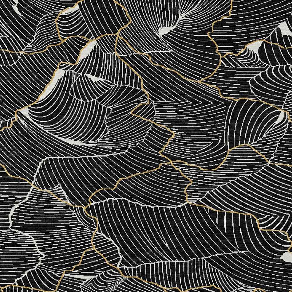 8' X 10' Black Ivory And Gold Abstract Washable Indoor Outdoor Area Rug