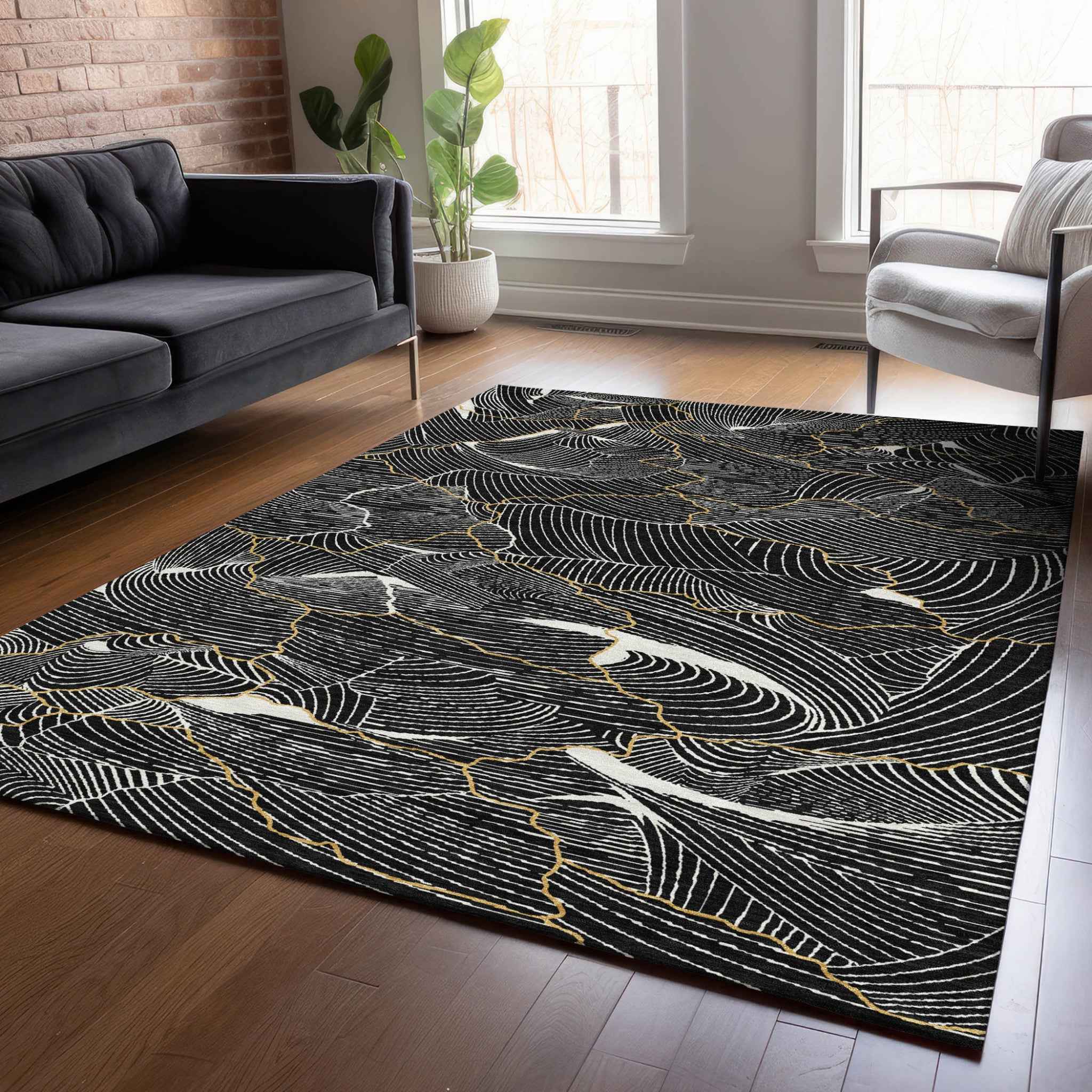 8' X 10' Black Ivory And Gold Abstract Washable Indoor Outdoor Area Rug