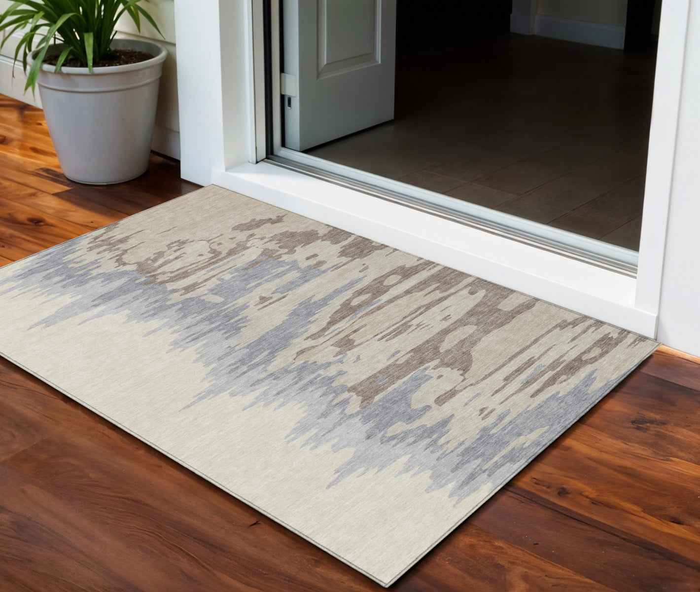 3' X 5' Beige Brown And Gray Abstract Washable Indoor Outdoor Area Rug