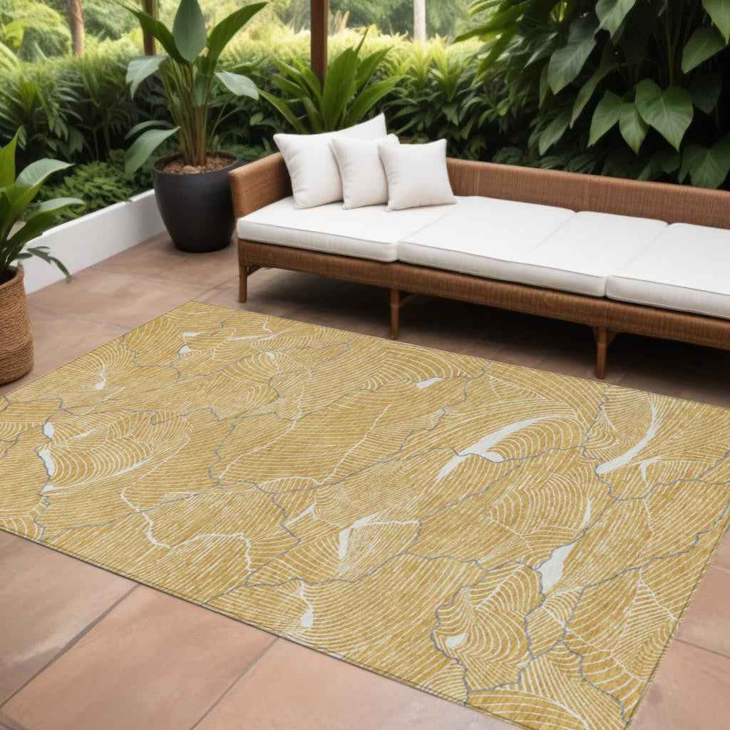 9' X 12' Gold Charcoal And Ivory Abstract Washable Indoor Outdoor Area Rug