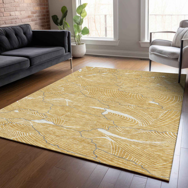 9' X 12' Gold Charcoal And Ivory Abstract Washable Indoor Outdoor Area Rug