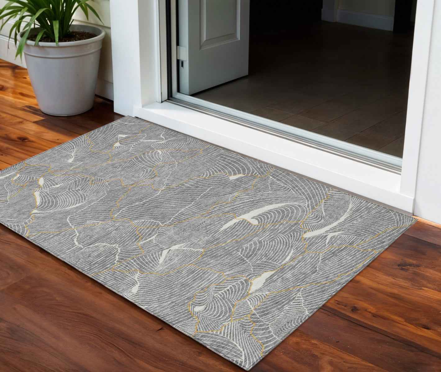 3' X 5' Gray Brown And Ivory Abstract Washable Indoor Outdoor Area Rug